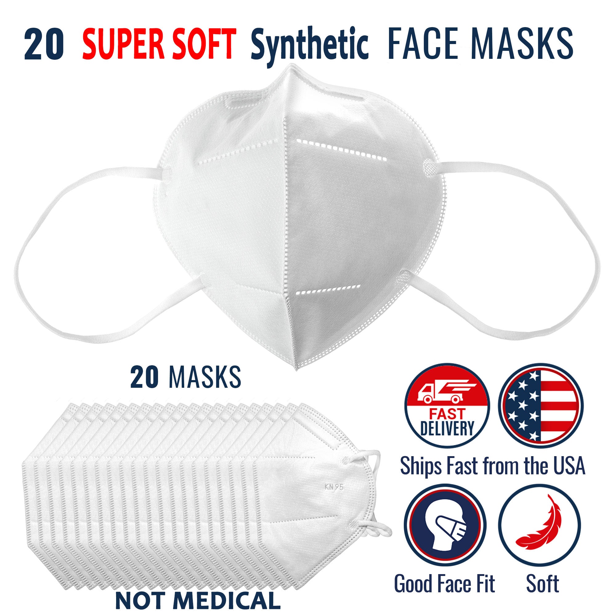 20 Pack of Super Soft Respirator Synthetic Face Mask ; 5-Layer Protection