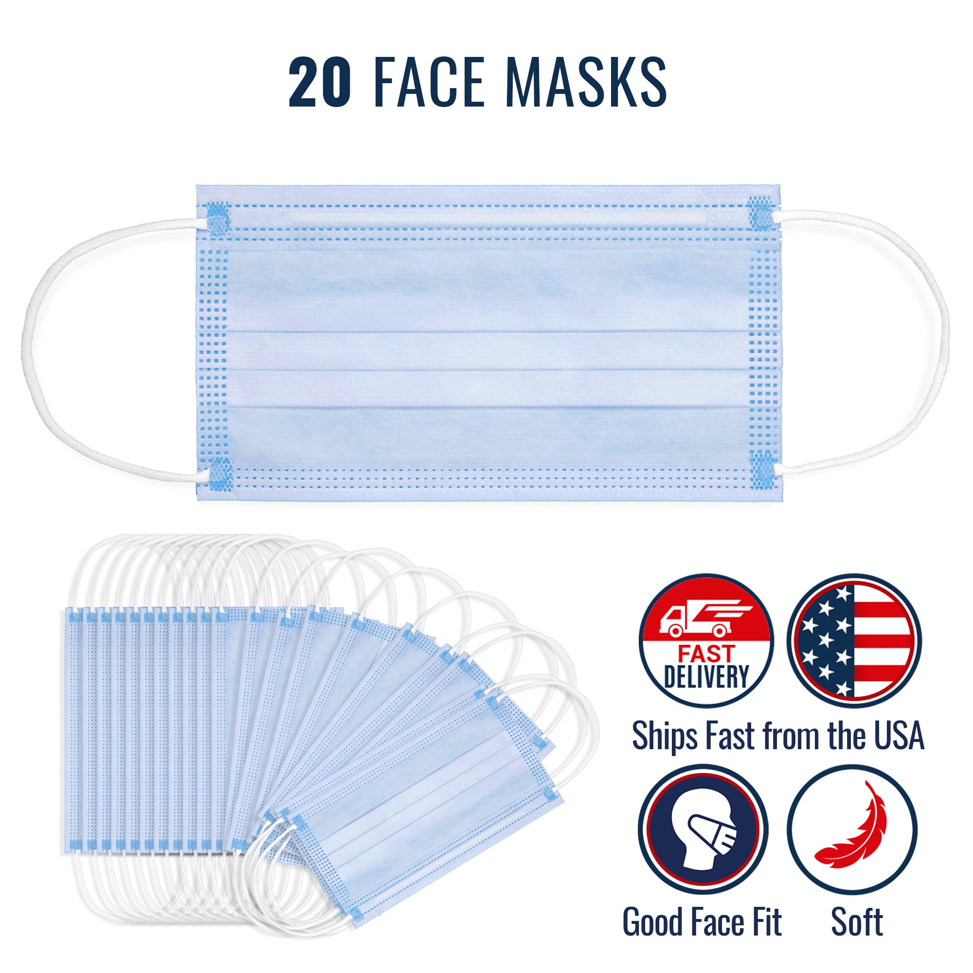 20 PCS Face Mask Mouth & Nose Protector Respirator Masks with Filter Blue